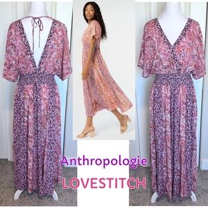 Anthropologie LOVESTITCH Maxi Dress Purple PinkOrange Paisley Open V Back Large